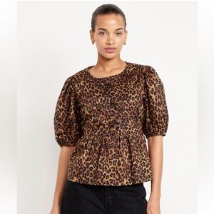 Puff-Sleeve Tie-Front Top Cotton Women’s Blouse Short Leopard Brown Bow M TALL